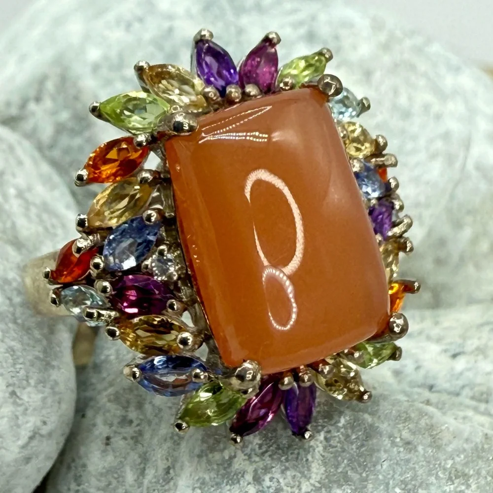 NWT Peach Moonstone & Multi-Gemstone Cocktail Ring 9.85 ctw Platinum Over 925 SS